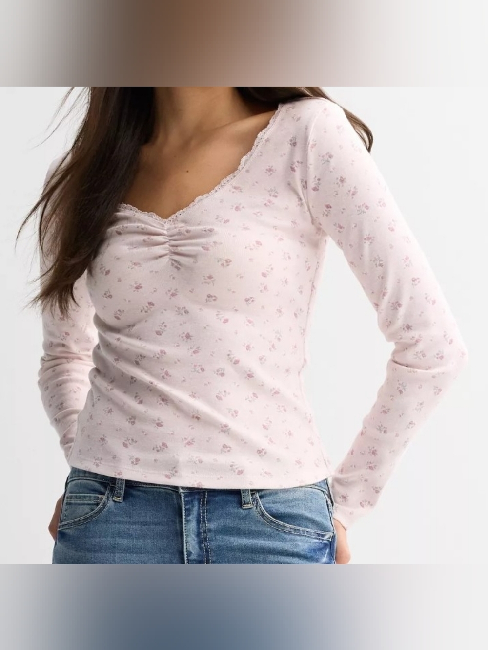 Pink Republic Long Sleeve Pink Floral Ruched V-Neck Women's Top Size XL - Picture 1 of 3